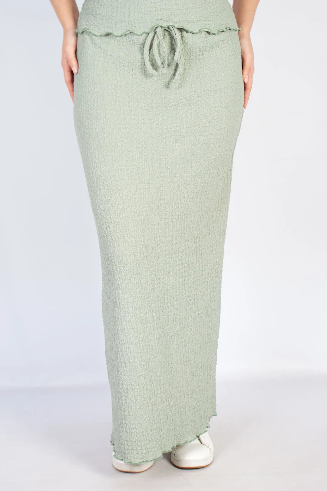 lds sage crinkle drawstring column maxi