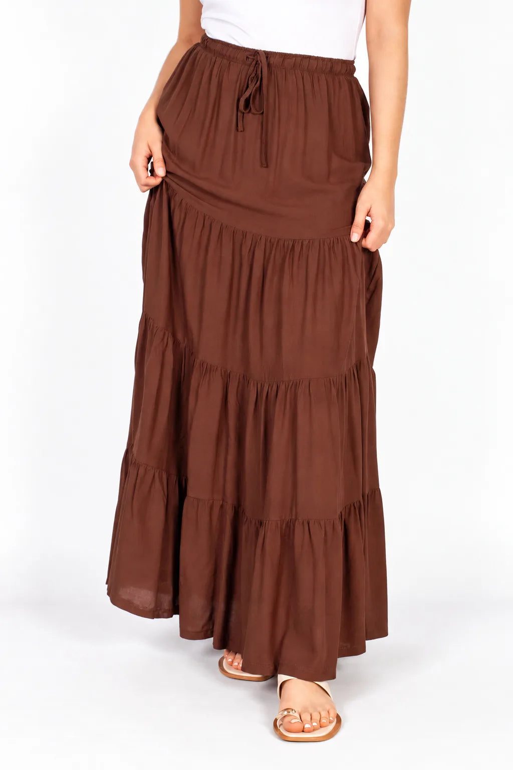lds dark choc tiered drawstring maxi skirt