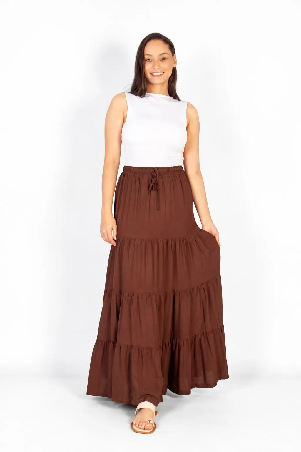 lds dark choc tiered drawstring maxi skirt