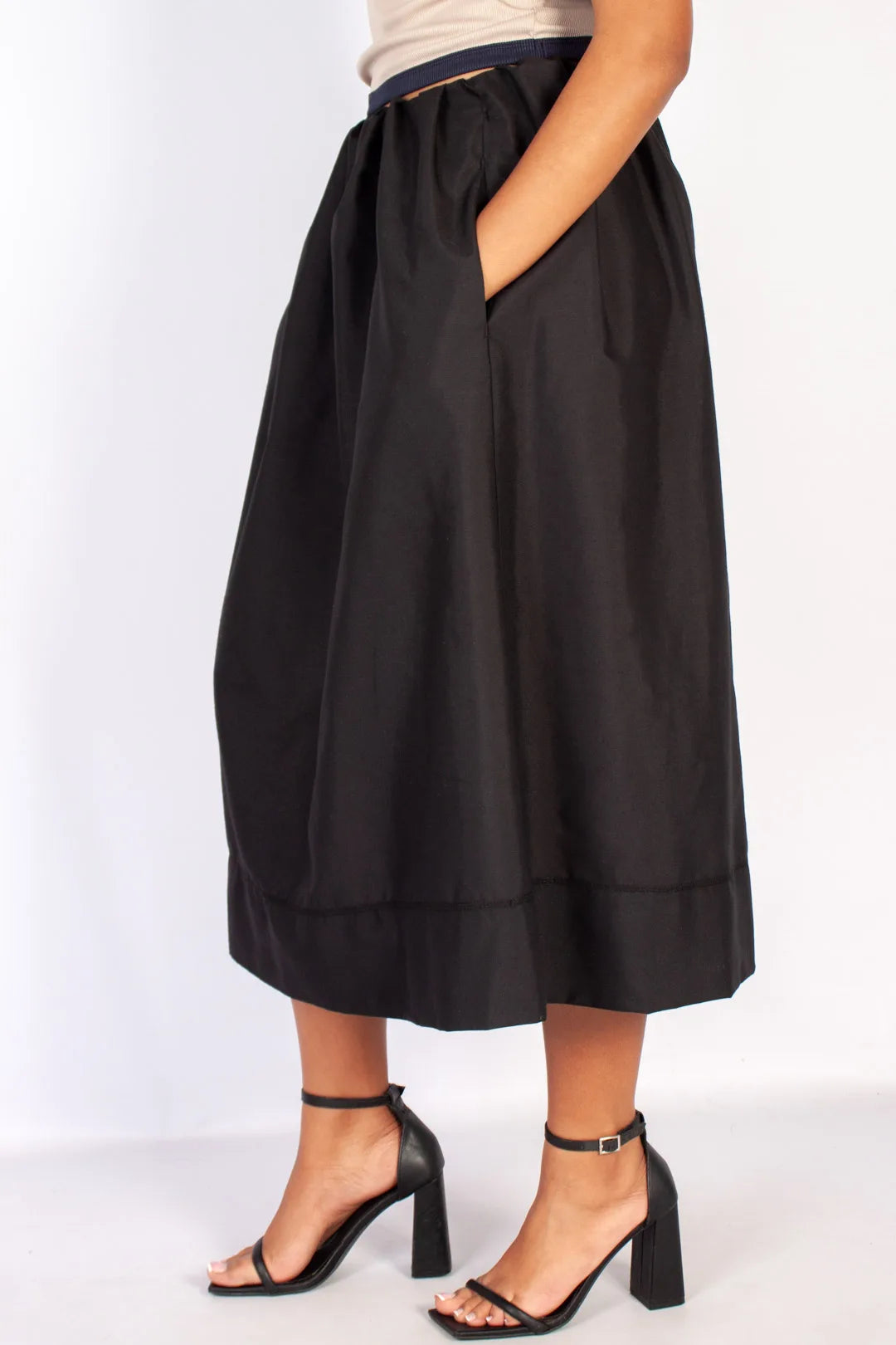 lds black parachute a-line midi skirt