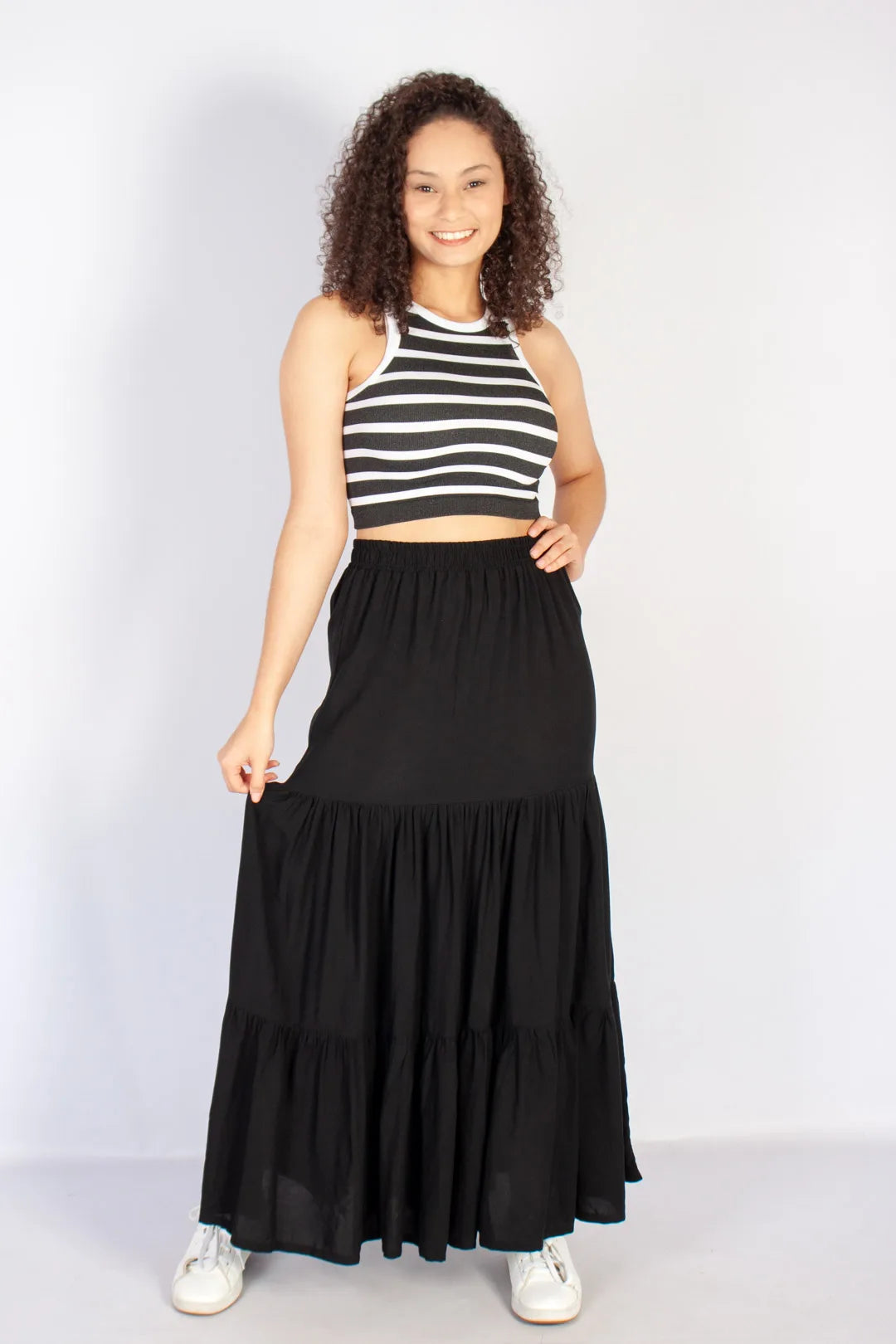 lds black tiered drawstring tie maxi skirt