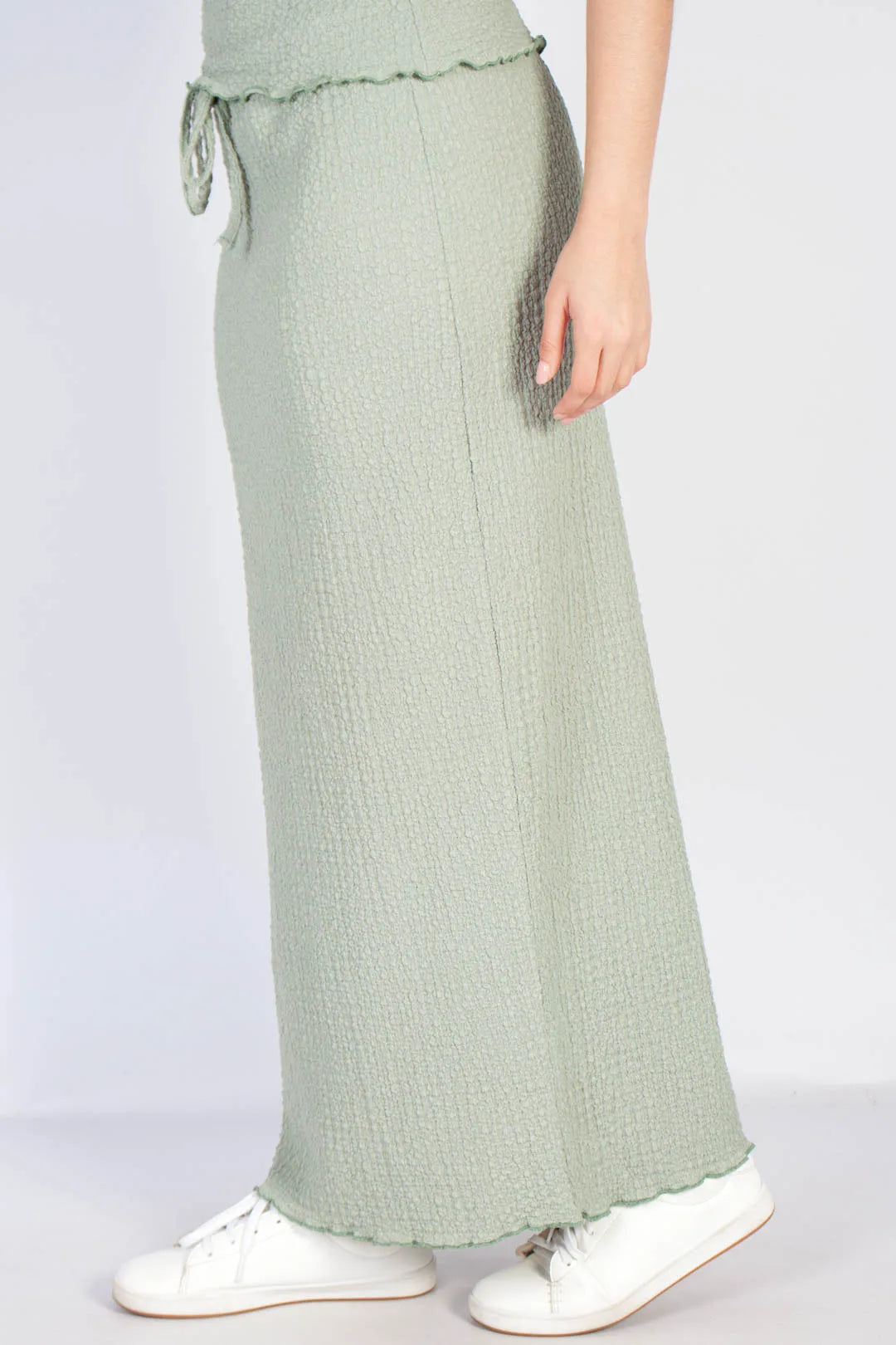 lds sage crinkle drawstring column maxi