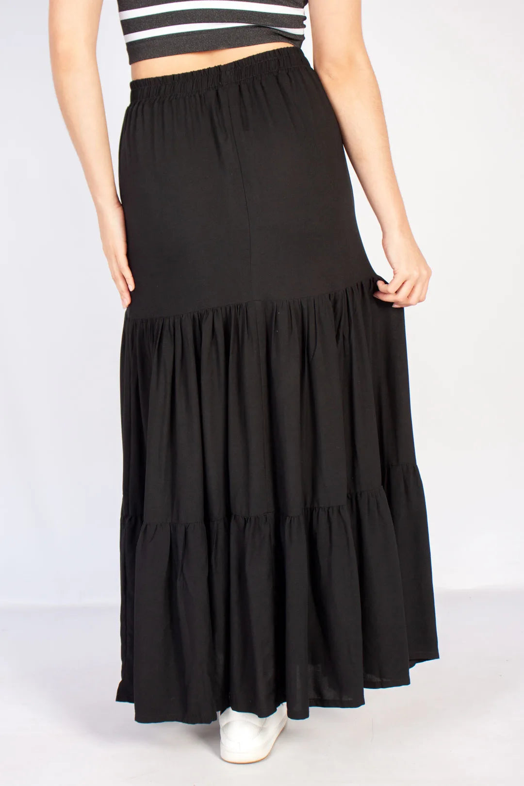 lds black tiered drawstring tie maxi skirt