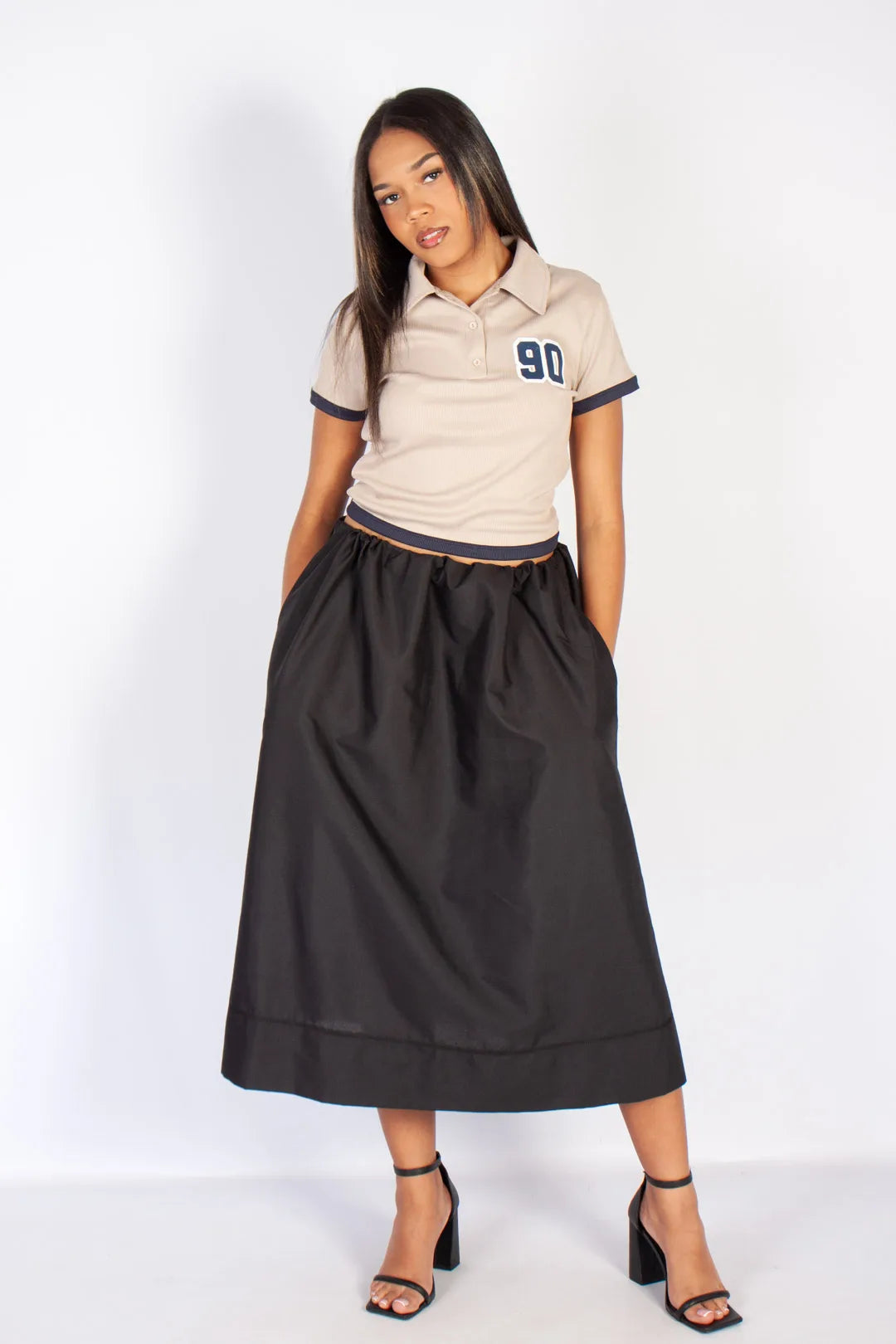 lds black parachute a-line midi skirt