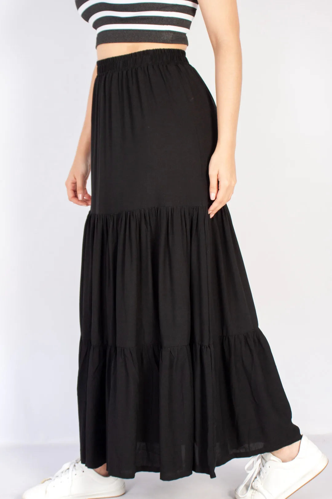 lds black tiered drawstring tie maxi skirt