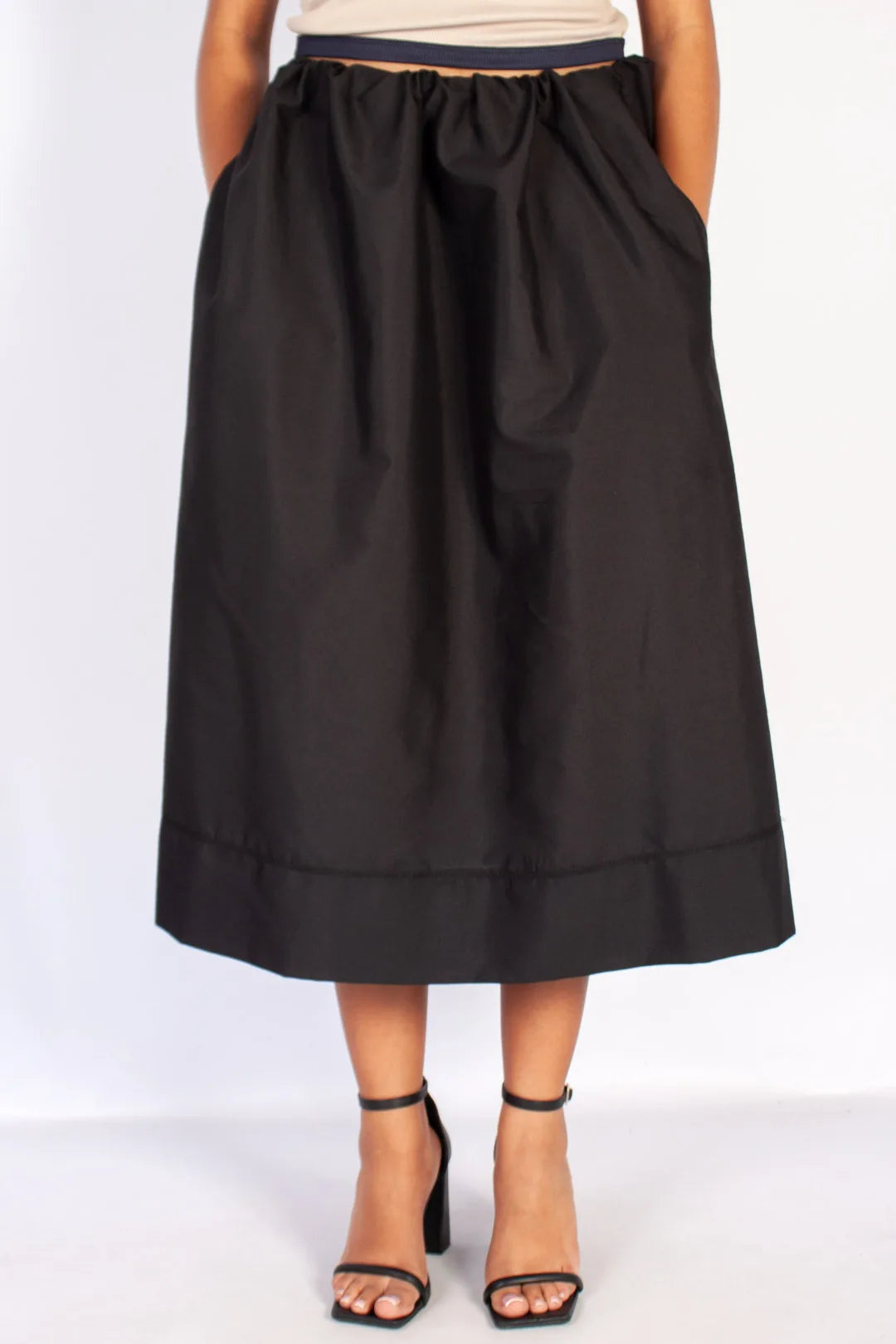 lds black parachute a-line midi skirt