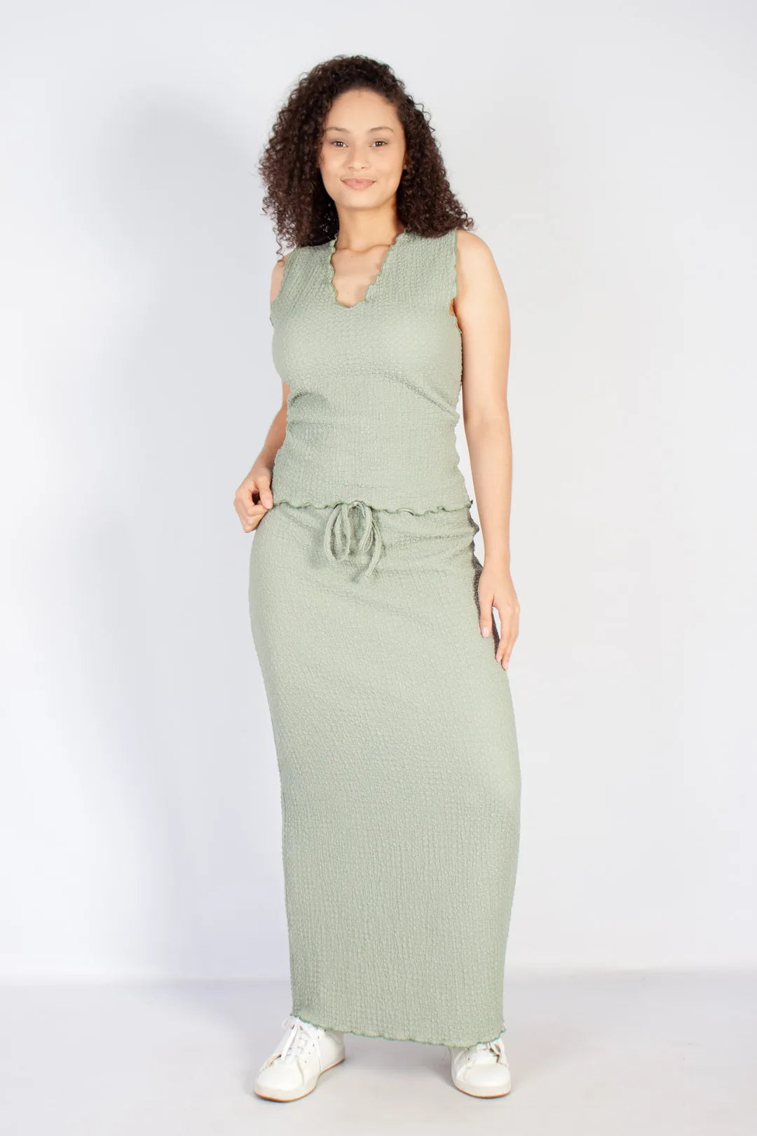 lds sage crinkle drawstring column maxi