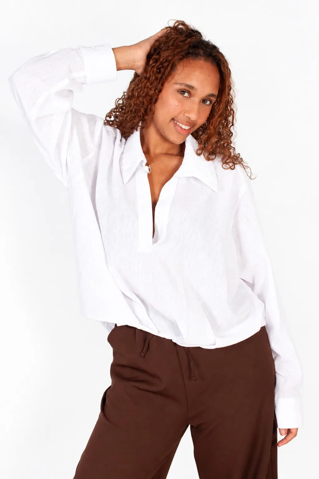 lds white pleated hem resort shirt